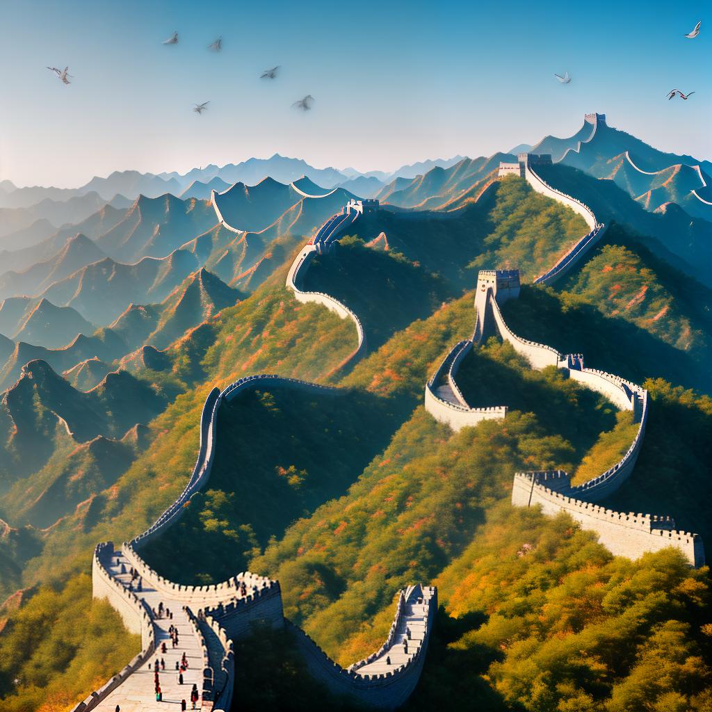  The Great Wall of China, a masterpiece of ancient architecture, capturing the best quality in 8k resolution. The scene depicts a panoramic view of the Great Wall snaking across the mountainous landscape. The main subject of the scene is a group of tourists standing at the highest point of the wall, ((overlooking the vast horizon)). The tourists are dressed in colorful clothing, (some wearing traditional Chinese attire), and are holding cameras to capture the breathtaking view. The scene is bathed in warm sunlight, casting long shadows on the wall and the rugged terrain. The wall itself is depicted with ultra-detailed precision, showcasing every brick and stone. In the distance, ((a flock of birds)) can be seen flying gracefully against the  hyperrealistic, full body, detailed clothing, highly detailed, cinematic lighting, stunningly beautiful, intricate, sharp focus, f/1. 8, 85mm, (centered image composition), (professionally color graded), ((bright soft diffused light)), volumetric fog, trending on instagram, trending on tumblr, HDR 4K, 8K