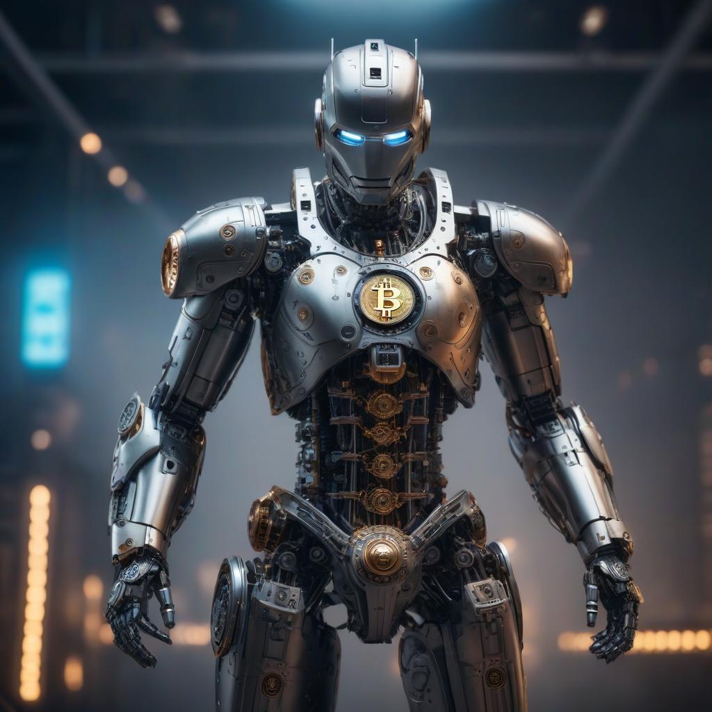  Bitcoin robot hyperrealistic, full body, detailed clothing, highly detailed, cinematic lighting, stunningly beautiful, intricate, sharp focus, f/1. 8, 85mm, (centered image composition), (professionally color graded), ((bright soft diffused light)), volumetric fog, trending on instagram, trending on tumblr, HDR 4K, 8K