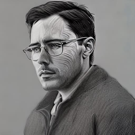 dublex style drawing, b&w, man in glasses, sitting and looking up, nature inside the man
