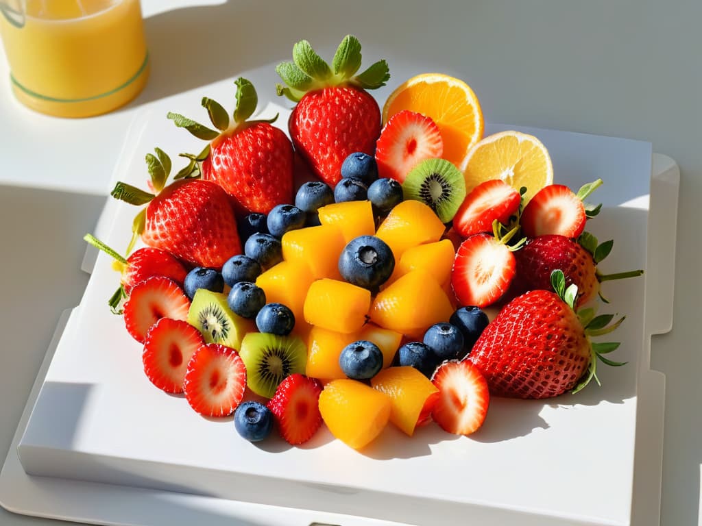  A highresolution image of a beautifully arranged fruit platter with a variety of colorful fruits like strawberries, blueberries, kiwis, and oranges, neatly sliced and artistically presented on a white plate. The fruits are meticulously arranged to create an appealing and visually striking display, showcasing the natural vibrancy and freshness of each fruit. The background is clean and simple, emphasizing the simplicity and elegance of the fruit platter, making it a visually enticing and minimalistic image that aligns with the informative and professional tone of the article on the role of desserts in balanced diets. hyperrealistic, full body, detailed clothing, highly detailed, cinematic lighting, stunningly beautiful, intricate, sharp focus, f/1. 8, 85mm, (centered image composition), (professionally color graded), ((bright soft diffused light)), volumetric fog, trending on instagram, trending on tumblr, HDR 4K, 8K