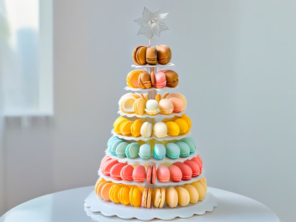  A closeup, ultradetailed image of a delicate, intricately crafted macaron tower, showcasing a variety of pastel colors and elegant decorations. Each macaron is perfectly shaped, with a glossy finish that shimmers under soft, natural lighting. The tower is set against a clean, white background, emphasizing its precision and artistry. hyperrealistic, full body, detailed clothing, highly detailed, cinematic lighting, stunningly beautiful, intricate, sharp focus, f/1. 8, 85mm, (centered image composition), (professionally color graded), ((bright soft diffused light)), volumetric fog, trending on instagram, trending on tumblr, HDR 4K, 8K