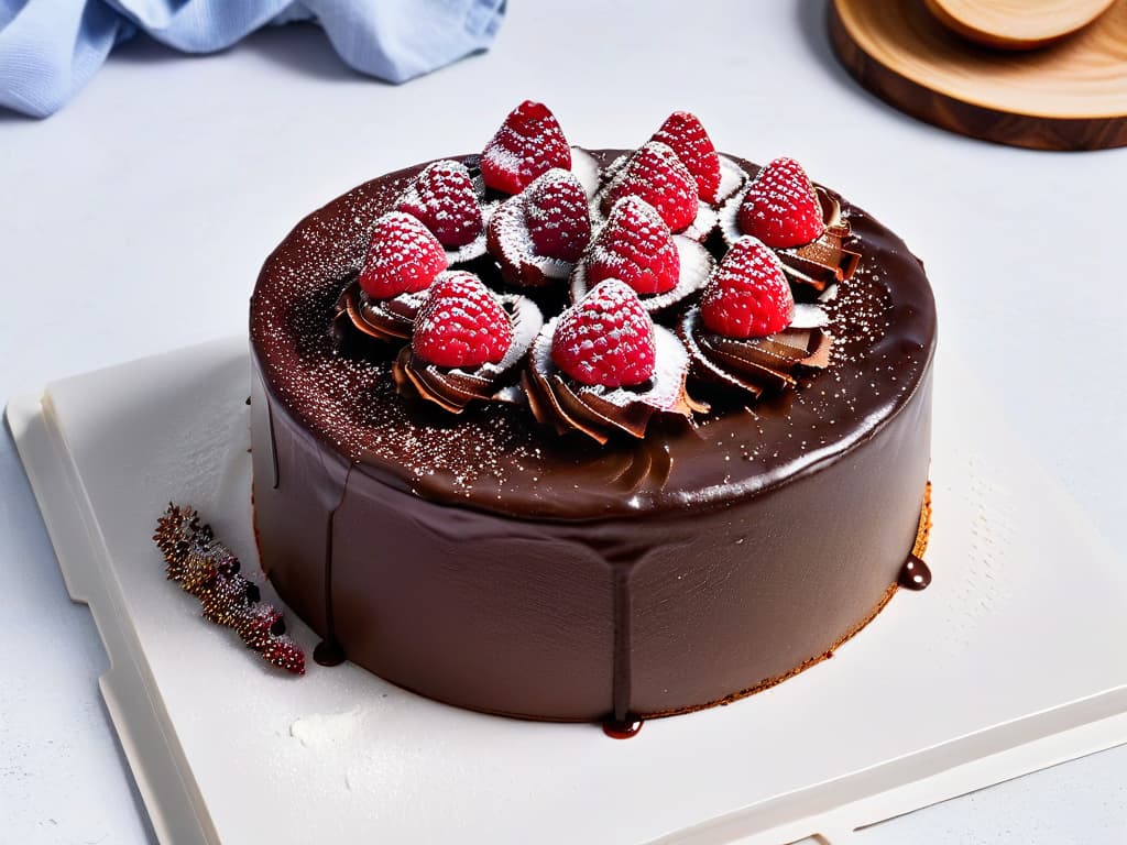  A closeup, photorealistic image of a decadent chocolate cake with a shiny glaze made with coconut oil, topped with fresh raspberries and a sprinkle of coconut flakes. The cake is displayed on a sleek white marble countertop, with soft natural light illuminating the dessert, showcasing its rich texture and enticing appearance. hyperrealistic, full body, detailed clothing, highly detailed, cinematic lighting, stunningly beautiful, intricate, sharp focus, f/1. 8, 85mm, (centered image composition), (professionally color graded), ((bright soft diffused light)), volumetric fog, trending on instagram, trending on tumblr, HDR 4K, 8K