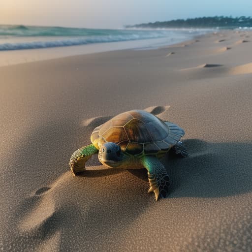  cute little turtle in the sand and beach, colourful and very happy dull body, hyperrealistic, high quality, highly detailed, cinematic lighting, intricate, sharp focus, f/1. 8, 85mm, (centered image composition), (professionally color graded), ((bright soft diffused light)), volumetric fog, trending on instagram, HDR 4K, 8K