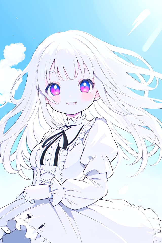  Lolita Fashion, sky, smile, White, refreshing, light, wind blowing, white skin, eyes glowing, round face