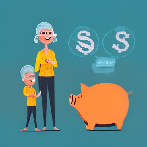 redshift style Create an illustration with a family engaged in a discussion at home about financial planning and savings. Include visuals of a piggy bank, gold and silver coins, and investment charts in the background to symbolize savings and financial growth. The style should be bright and optimistic, with a vibrant color palette to make the image appealing and engaging on social media.