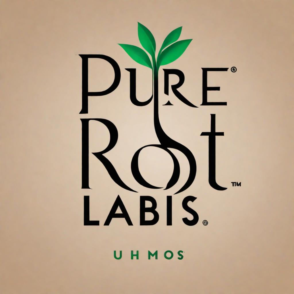  create me a high quality, clean cut product marketing photo for a brand named " Pure Root Labs " that aims to appeal to this demopgraphic: Demographic Information:  Age Range: 21-45 Gender: All genders Occupation: Diverse, including professionals, creatives, and entrepreneurs Income Level: Middle to upper-middle class Geographic Location: Primarily urban and suburban areas where cannabis is legal Lifestyle: Health-conscious individuals who value wellness, mindfulness, and work-life balance. make sure the logo radiates the values of : Health, sustainability, transparency, and reliability. Be sure to keep the design simple, clean and elegant . Incorporate the cannabis leaf within the lettering of the icon. use this as a reference: https://pub