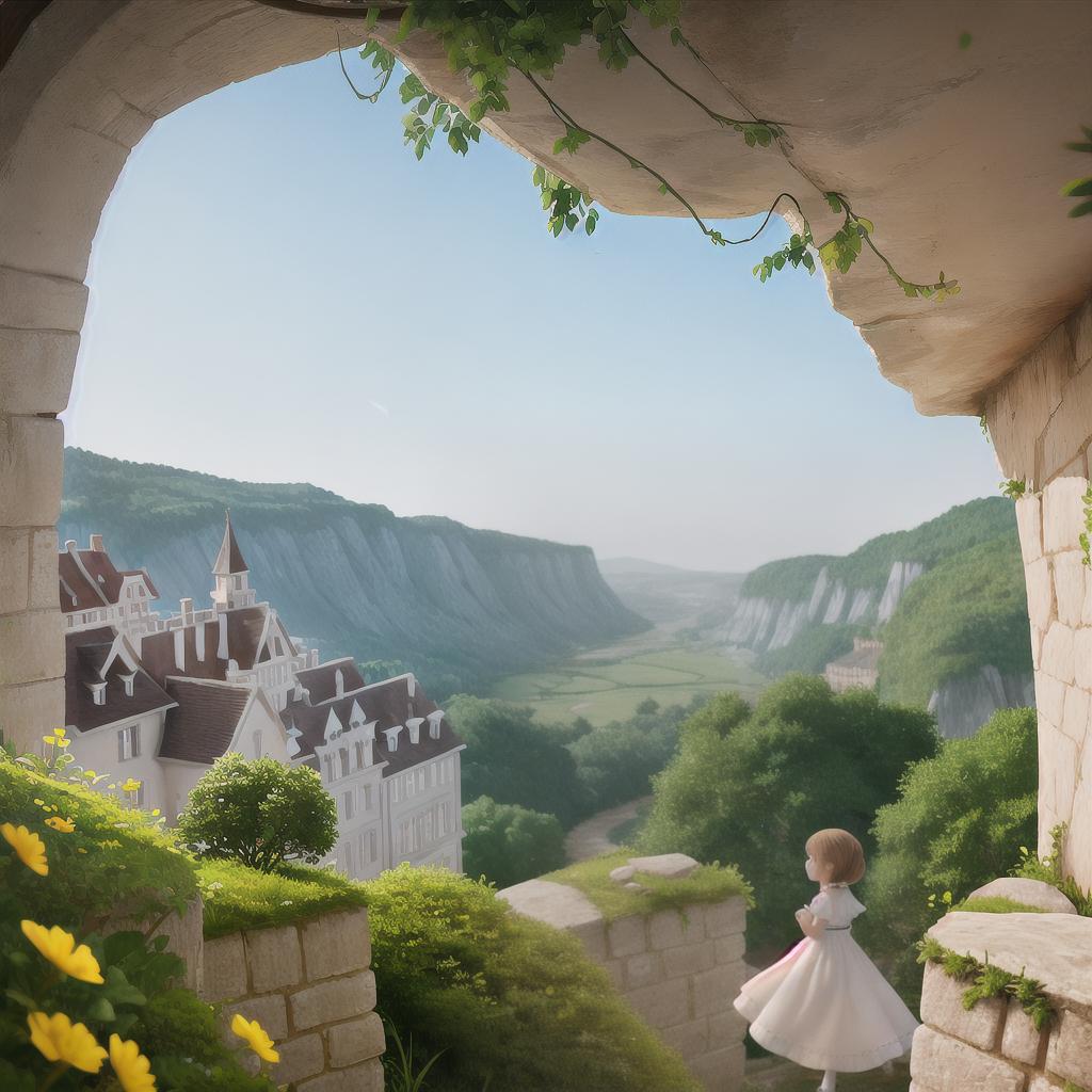  A girl in a white dress, looking out from a cliff, with a manor behind her.
