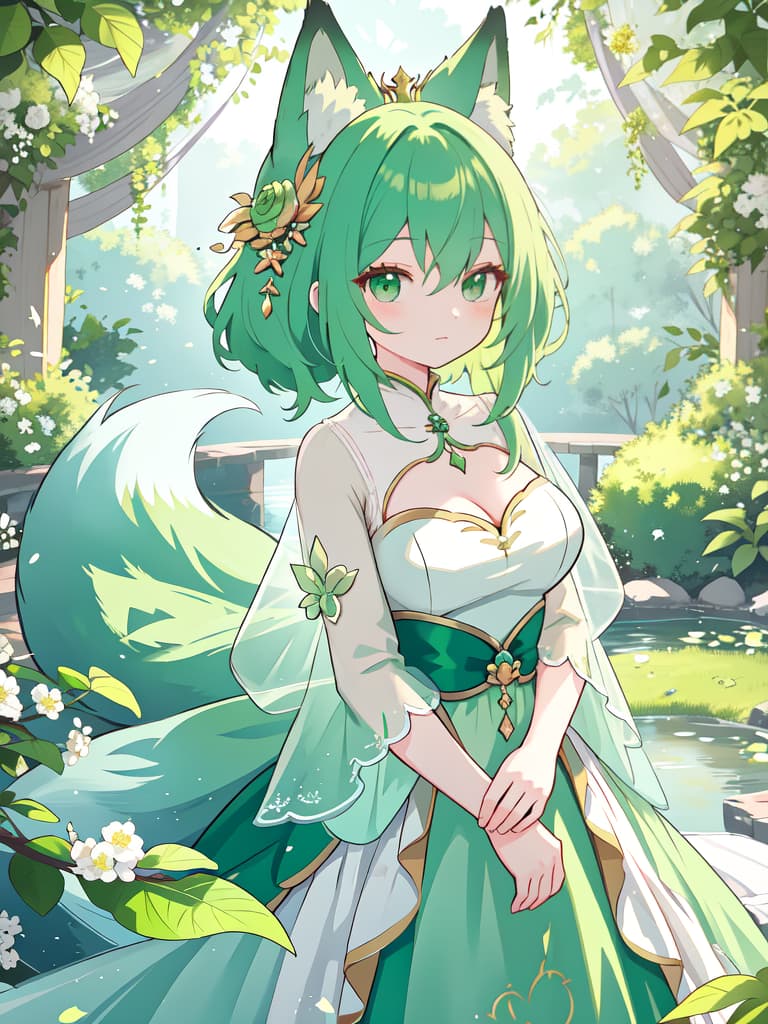  Green haired character fox marriage, masterpiece, best quality,8k,ultra detailed,high resolution,an extremely delicate and beautiful,hyper detail