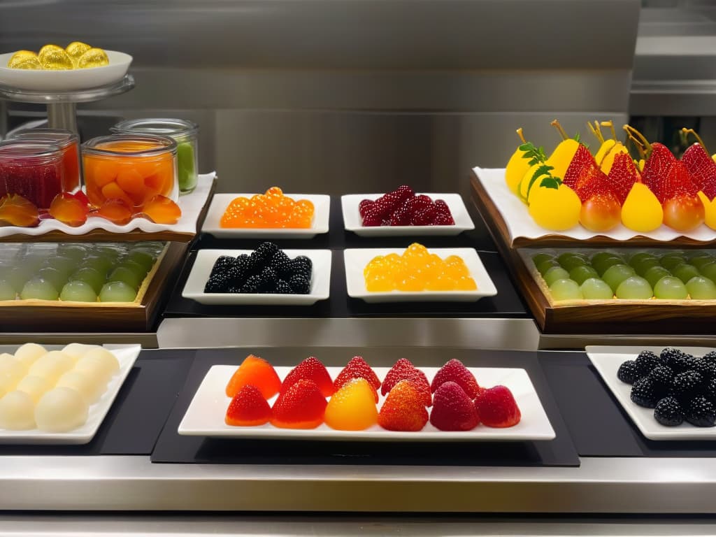  An ultradetailed image of a sleek, modern bakery kitchen with stainless steel countertops, stateoftheart appliances, and an elegant display of colorful fruit caviar in small, exquisite jars neatly arranged in a row. The lighting is soft and focused, creating a luxurious and highend ambiance. The vibrant colors of the fruit caviar pop against the clean, monochromatic backdrop, emphasizing the innovative and sophisticated nature of using fruit caviar in pastry creations. hyperrealistic, full body, detailed clothing, highly detailed, cinematic lighting, stunningly beautiful, intricate, sharp focus, f/1. 8, 85mm, (centered image composition), (professionally color graded), ((bright soft diffused light)), volumetric fog, trending on instagram, trending on tumblr, HDR 4K, 8K