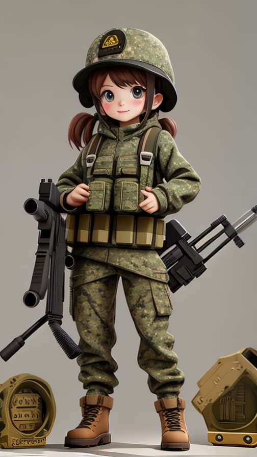  Two heads, full camouflage, machine gun, girl, cute.