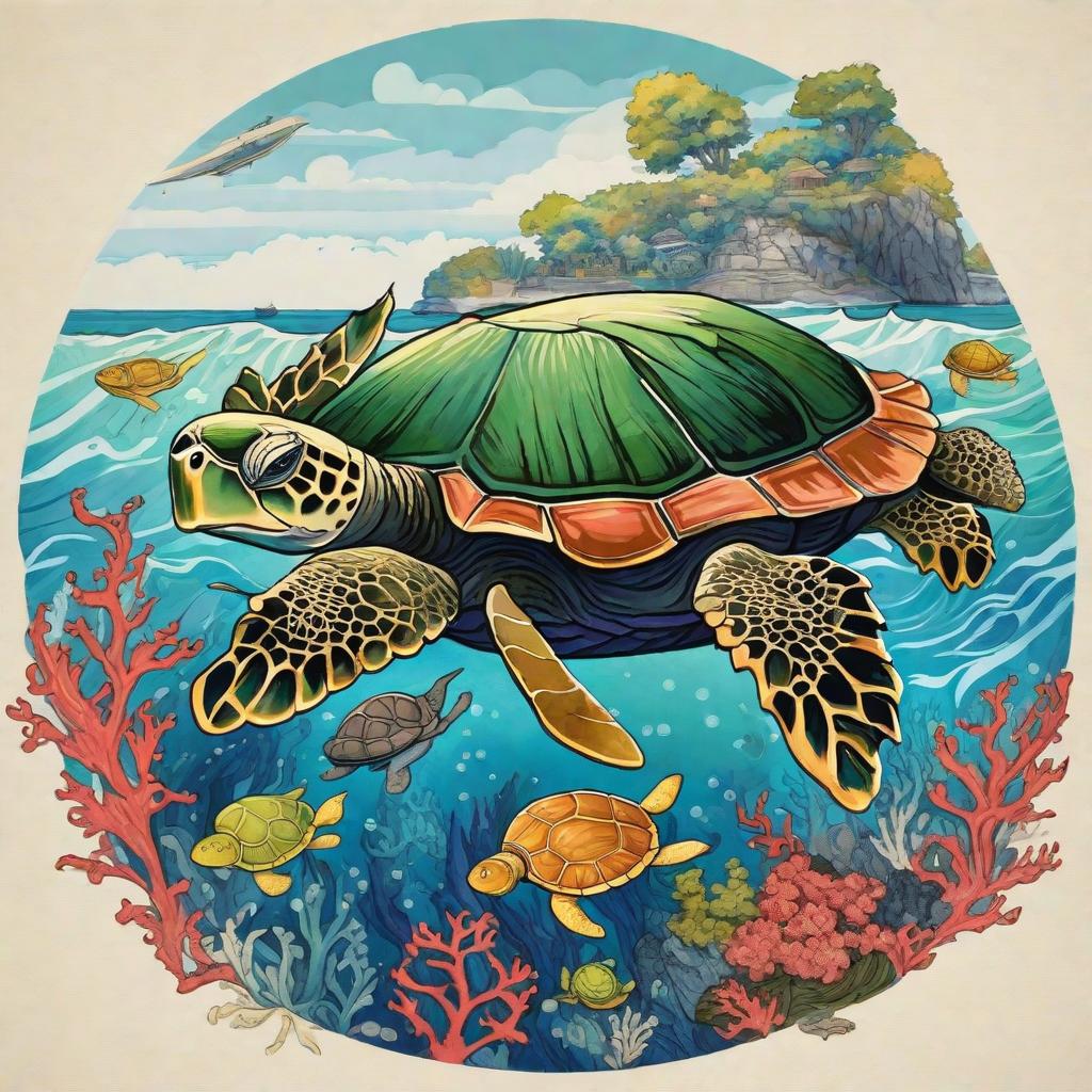  masterpiece, best quality, Ocean, seaweed, turtle, koral, sea creature, boat