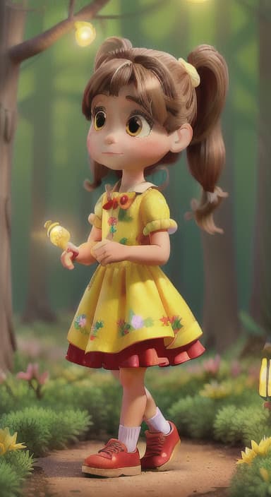  {A beautiful, enchanted pine forest with sparkling lights and colorful flowers blooming around., A young named Lily with brown hair in pigtails, wearing a bright yellow dress with red shoes, and holding a small lantern. She is curious and adventurous.