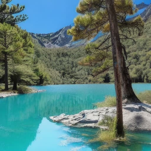  Lago muy grande,con agua de color azul turquesa,y una pequeña orilla. El lago está en lo más profundo de un bosque frondoso.