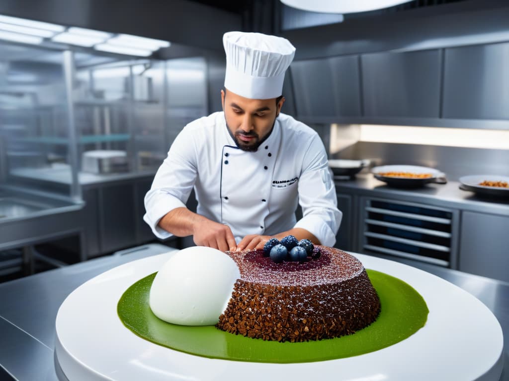  An ultradetailed and photorealistic image of a chef in a modern kitchen laboratory, surrounded by hightech equipment and futuristic tools, meticulously crafting a visually stunning and innovative mousse dessert. The chef is focused and precise, showcasing a blend of traditional pastry techniques with cuttingedge culinary methods, creating a unique and avantgarde dessert that embodies the essence of reinvention and creativity in pastry making. The image captures the intricate details of the chef's technique, the textures of the ingredients, and the overall ambiance of culinary excellence and innovation. hyperrealistic, full body, detailed clothing, highly detailed, cinematic lighting, stunningly beautiful, intricate, sharp focus, f/1. 8, 85mm, (centered image composition), (professionally color graded), ((bright soft diffused light)), volumetric fog, trending on instagram, trending on tumblr, HDR 4K, 8K