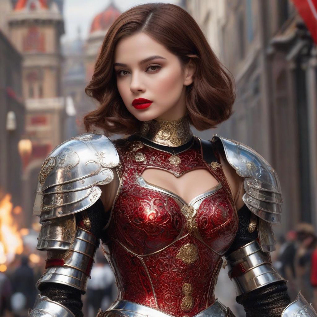  The with the brown hair. Тhe dress, the purse, the brown eyes. , red lips. A in armor. Armor below the . High detailing and treatment of the face and other parts of the body Fire. The rigor of the lines. Power. The sword gives off electric shocks. Highly detailed, highly detailed, highly detailed image and all details. ((Sparkling rim)): spring field, hyacinths, roses, rosehips, rose hips, peonies, cherry tree, yellow, red, black flowers, forget me nots. Nature in the background, spring, delight. Luxury, richness. High quality. Swarovski, pandora. The Emerald Palace, the towers. Holobue sky. Golden spires, Gothic style. Fantasy, fairy tale. Poppy field in front of palace. Emerald stones, Green Alley.Luxury, wealth. sp hyperrealistic, full body, detailed clothing, highly detailed, cinematic lighting, stunningly beautiful, intricate, sharp focus, f/1. 8, 85mm, (centered image composition), (professionally color graded), ((bright soft diffused light)), volumetric fog, trending on instagram, trending on tumblr, HDR 4K, 8K