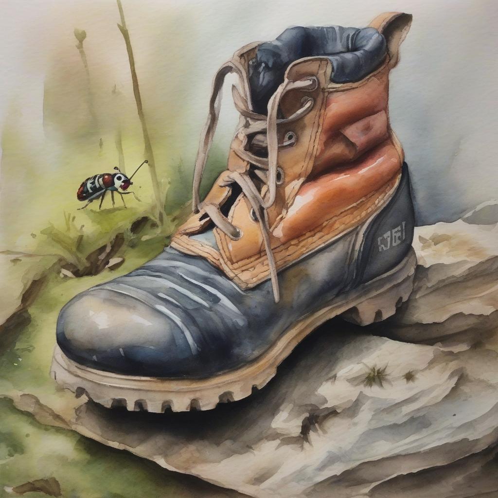  a big boot steps on a bug 50% watercolour paints 50% oil paints