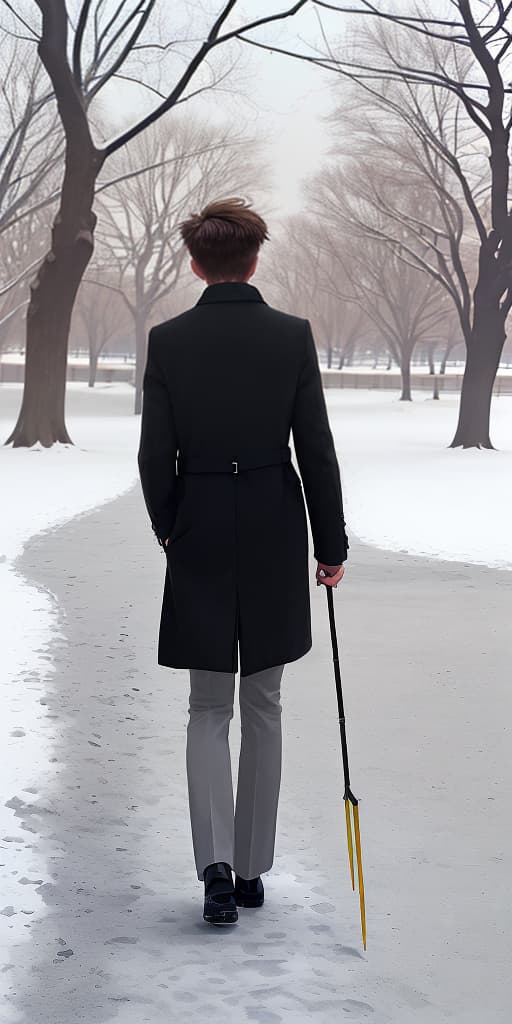  girl-boy haircut, back, walking through the park, winter