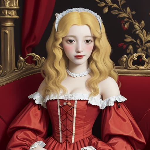  17th century French whore with blonde hair wearing red，