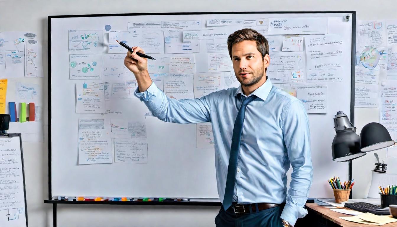  digital illustration, 1man, standing before a cluttered whiteboard, filled with diagrams and notes, holding a marker hesitantly, bright office lights, modern office decor, overwhelmed expression, analysis paralysis, looking at viewer, dynamic pose, (intricate details, masterpiece, best quality)