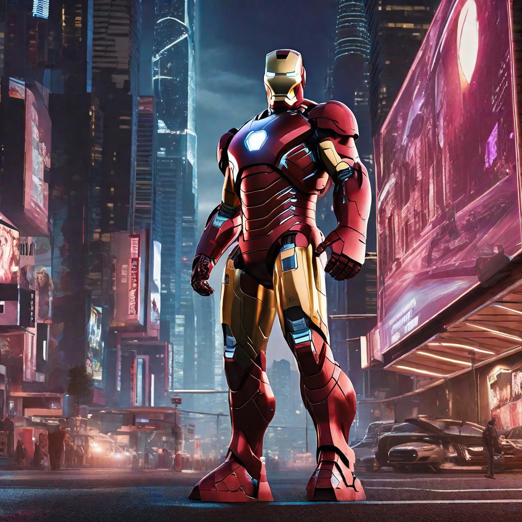  masterpiece, best quality, Best quality, masterpiece, 8k resolution, realistic, highly detailed, close up of Iron Man. In a cyberpunk-style night scene of the city, he stands on a street lined with tall buildings. The city's night lights are bright, The surrounding buildings and streets are filled with cyberpunk elements such as neon lights, high-tech devices, and futuristic architectural designs.