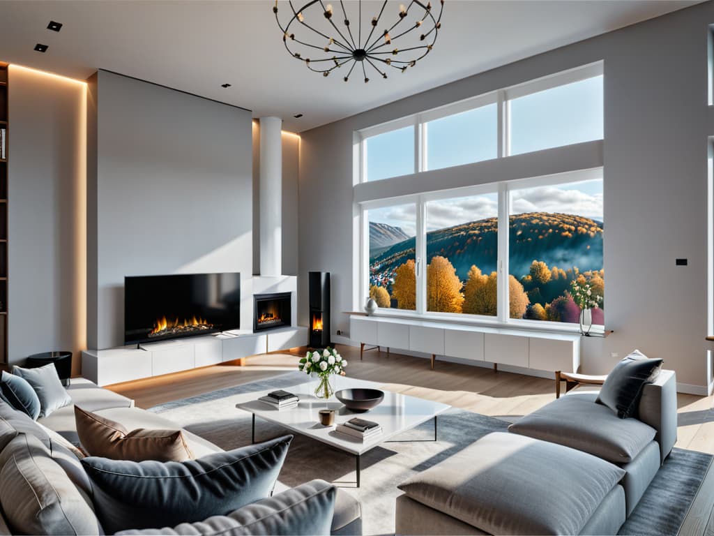  A large modern living room with a fireplace, a large tv on the fire place, a sectional sofa with a coffee table and two single arm chairs next to it. All the furniture is overlooking the window from where natural sunlight fills the room. Cinematic photo, highly detailed, cinematic lighting, ultra detailed, ultrarealistic, photorealism, 8k. Scandinavian interior design style  hyperrealistic, full body, detailed clothing, highly detailed, cinematic lighting, stunningly beautiful, intricate, sharp focus, f/1. 8, 85mm, (centered image composition), (professionally color graded), ((bright soft diffused light)), volumetric fog, trending on instagram, trending on tumblr, HDR 4K, 8K