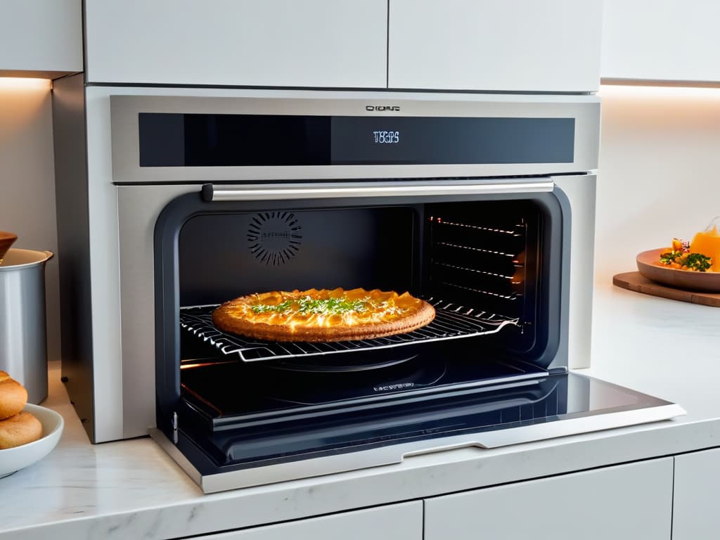  An ultrahighresolution, minimalist image showcasing a sleek, modern convection oven in a welllit, pristine kitchen setting. The oven, with a digital display and stainless steel finish, is surrounded by immaculate countertops and subtle hints of baking ingredients like flour and vanilla pods. The image conveys a sense of precision, innovation, and sophistication, perfect for a professional and inspiring article on convection ovens in home baking. hyperrealistic, full body, detailed clothing, highly detailed, cinematic lighting, stunningly beautiful, intricate, sharp focus, f/1. 8, 85mm, (centered image composition), (professionally color graded), ((bright soft diffused light)), volumetric fog, trending on instagram, trending on tumblr, HDR 4K, 8K