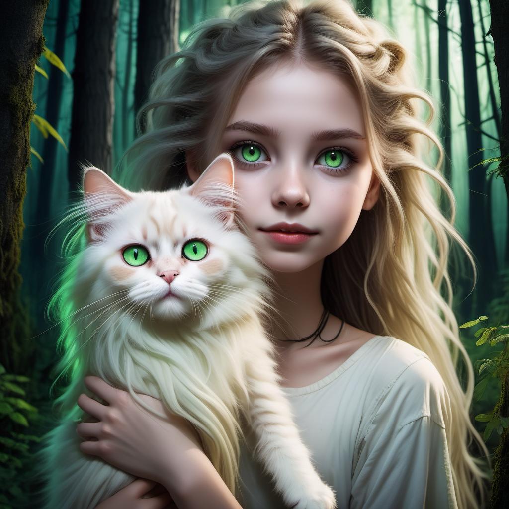  Girl + short stature, Dredlocks, beautiful, green eyes, without piercings and piercings + with a cream-colored Ragdoll cat + Night Forest
