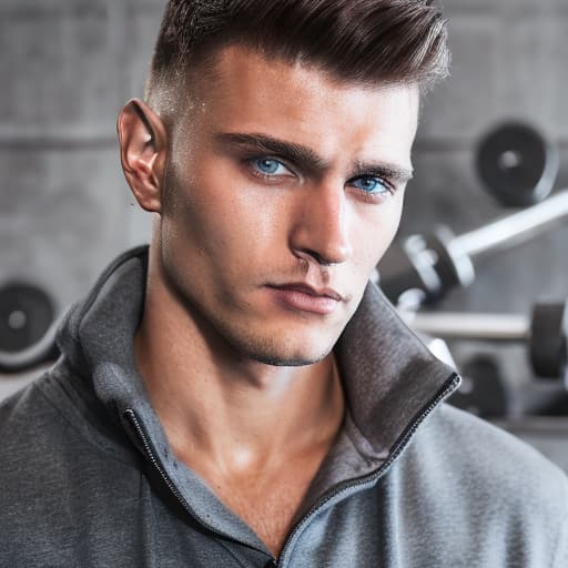 portrait+ style Russian queer fitness model brunette hunk dude face