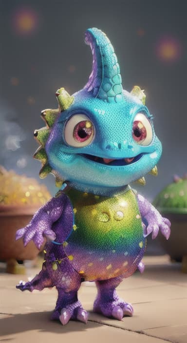  {A sparkly dinosaur with glittery scales standing next to a big pot of steaming jollof rice., Shiny Dino has glittery, multicolored scales that sparkle in the sunlight. It has big, friendly eyes and a happy, wide smile, with small arms perfect for stirring pots. Shiny Dino wears a playful, polka dotted apron and a tiny chef's hat.