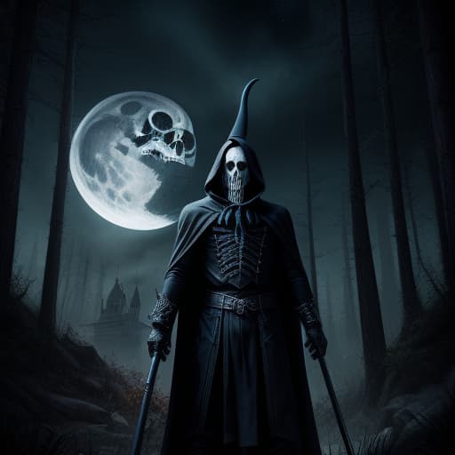  a full body photo shot of a scary and breathtaking image of a ((Man)) wearing a fully clothed casual witchy witch clothes with intricate details in the style of a reapers cloak, he is holding a long curved double edged ((scythe)). This full body image is a one of a kind unique highly detailed with 8k sharp focus quality masterpiece, horror theme, nightmare, ultra detailed, hyper focus, unreal engine, masterpiece, high rez, creepy, massive gore, massive blood, magically fused being, night sky with moon in the background , style of Tim Burton, stop motion animation, depth of field, cinematic composition, supernatural appearance, death like appearance, artistically drawn background, artistically drawn body, artistically drawn face, artisticall