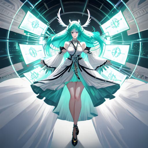  a girl manhua character with mint hair and black eyes and white skin wearing turquoise noble dress hyperrealistic, full body, detailed clothing, highly detailed, cinematic lighting, stunningly beautiful, intricate, sharp focus, f/1. 8, 85mm, (centered image composition), (professionally color graded), ((bright soft diffused light)), volumetric fog, trending on instagram, trending on tumblr, HDR 4K, 8K