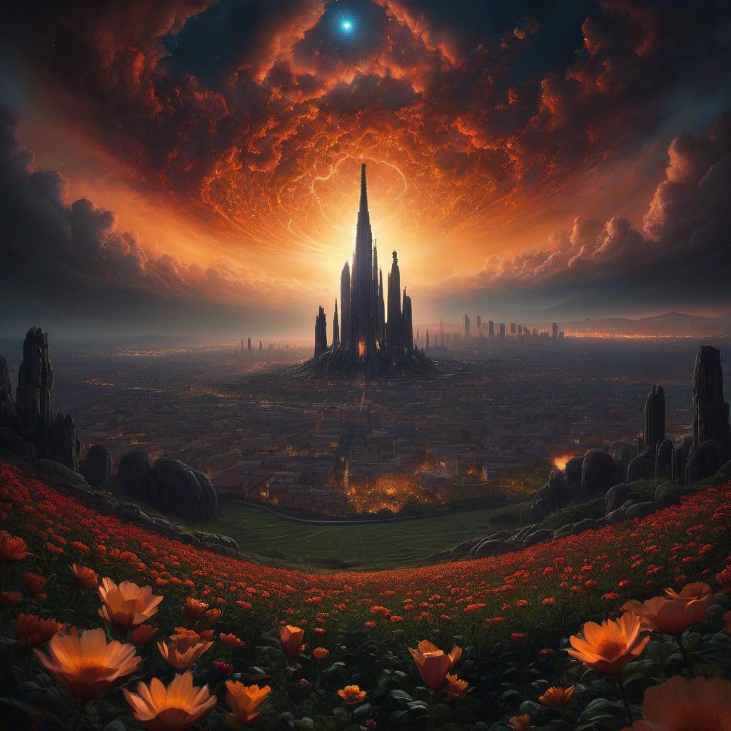  (stylized by Tomasz Alen Kopera:1.3) , dark art, dense flower field and Perseid meteor in background, landscape of a (Barcelona:1.2) , very Bizarre and 1600'S, Hurricane, Glitchcore, Amaro, layered textures, ornate, intricate artistic color, complimentary colors, very inspirational, atmosphere, fine artistic composition, sunny, theatrical hyperrealistic, full body, detailed clothing, highly detailed, cinematic lighting, stunningly beautiful, intricate, sharp focus, f/1. 8, 85mm, (centered image composition), (professionally color graded), ((bright soft diffused light)), volumetric fog, trending on instagram, trending on tumblr, HDR 4K, 8K