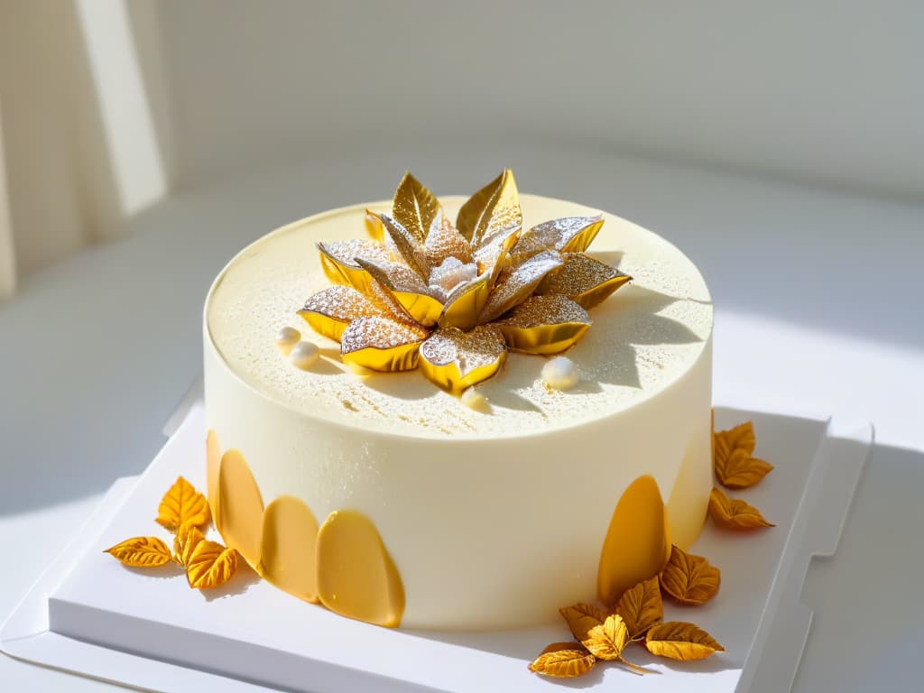  A closeup, ultradetailed image of a shimmering, intricately decorated gourmet dessert adorned with delicate gold leaf accents, set against a stark white background to emphasize its exquisite craftsmanship and elegant simplicity. hyperrealistic, full body, detailed clothing, highly detailed, cinematic lighting, stunningly beautiful, intricate, sharp focus, f/1. 8, 85mm, (centered image composition), (professionally color graded), ((bright soft diffused light)), volumetric fog, trending on instagram, trending on tumblr, HDR 4K, 8K