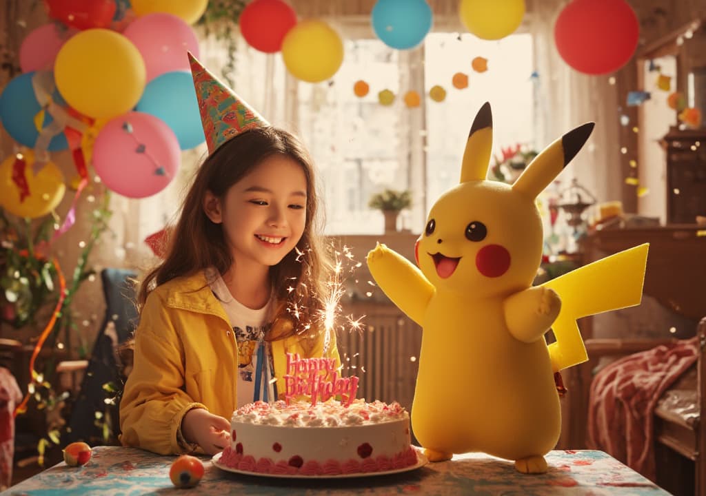  good quality, high quality, a hyper realistic scene of a young celeting her birthday with pikachu. the room is filled with bright, colorful decorations, including balloons, streamers, and a large birthday cake with 'happy birthday anu' written in icing on top. the , wearing a festive party hat, smiles joyfully as pikachu stands beside her holding a sparkler, looking and excited. confetti is falling in the air, and the entire room radiates with a warm, celetory glow. the background shows friends and family enjoying the party, with vint decorations and the cake at the center of attention, making the birthday celetion feel lively and heartwarming.