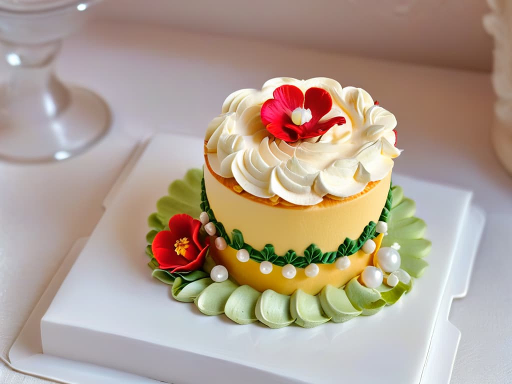  A closeup, ultradetailed image of a beautifully decorated cupcake, showcasing intricate piping work with vibrant colors and delicate details. The frosting is smooth and glossy, adorned with tiny edible pearls and delicate sugar flowers, sitting on a pristine white plate against a soft, blurred background that highlights the meticulous craftsmanship and artistry involved in inclusive baking ventures. hyperrealistic, full body, detailed clothing, highly detailed, cinematic lighting, stunningly beautiful, intricate, sharp focus, f/1. 8, 85mm, (centered image composition), (professionally color graded), ((bright soft diffused light)), volumetric fog, trending on instagram, trending on tumblr, HDR 4K, 8K