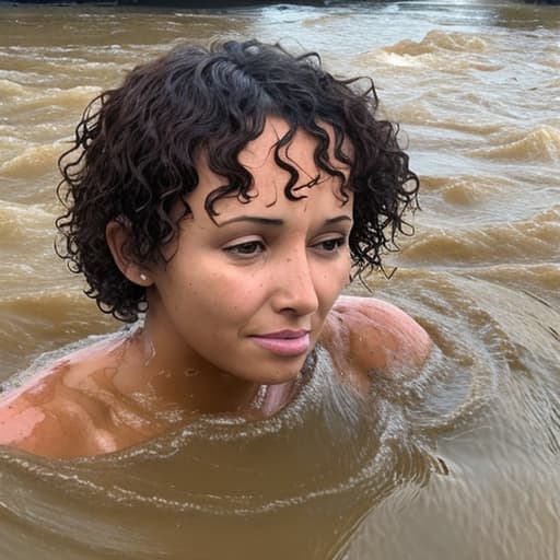  tanned woman's head with short and curly hair drowning in the river