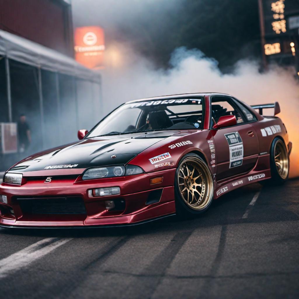  An image of a Nissan 240sx drifting hyperrealistic, full body, detailed clothing, highly detailed, cinematic lighting, stunningly beautiful, intricate, sharp focus, f/1. 8, 85mm, (centered image composition), (professionally color graded), ((bright soft diffused light)), volumetric fog, trending on instagram, trending on tumblr, HDR 4K, 8K