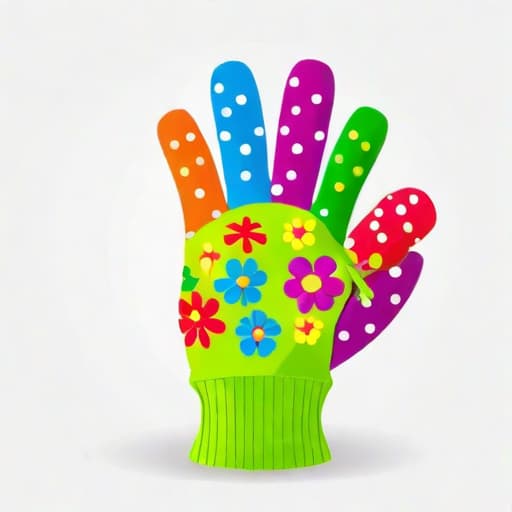  Draw a happy, smiling garden glove sprinkled with small, colorful flowers. The glove should have a green color to represent nature and gardening, and the flowers should be in various shades to add a pop of color. ((for a logo)), minimalistic, vector illustration, (simple), (white background), no background, for a company, strong color contrast