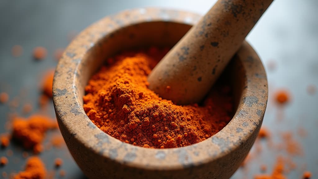  good quality, high quality, a close up of spices in a mortar and pestle with a clean, empty kitchen background. the open space around the mortar and pestle is ideal for text placement