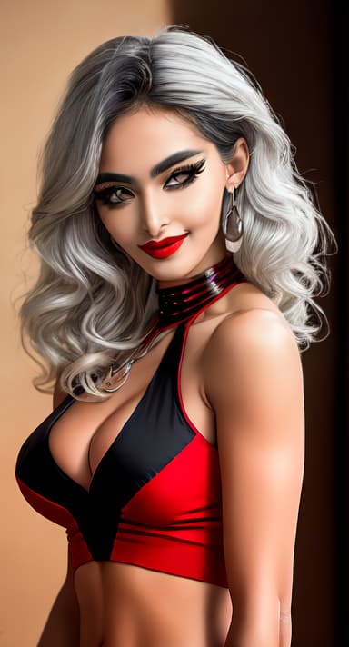  Sexy Egyptian Woman,Silver hair,high cheekbones,black eyeliner,full red lips,arched eyebrows,mischievous smirk,low cut,plunging neckline,large sagging,flexing strong arms,