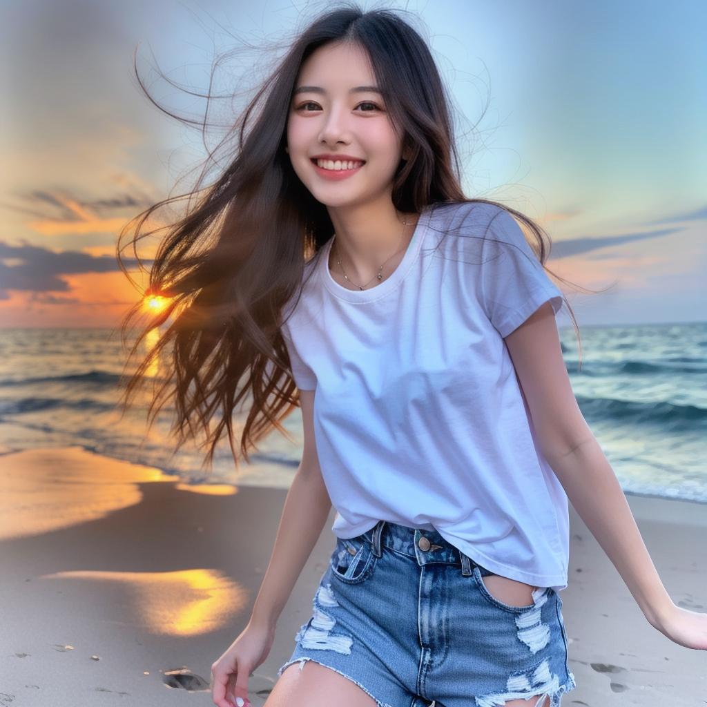  a realistic photo of a beautiful Japanese girl, with long straight black hair, wearing white tee and denim shorts, smiling, at sunset, on the beach