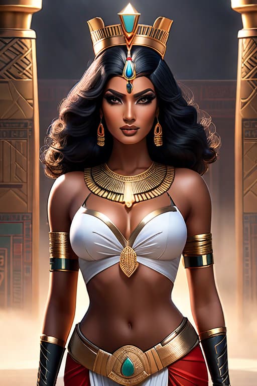  egyptian Women, Queen super hero stood high, behind her, looking straight , black eyes, crown , dark skin, majestuous hyperrealistic, full body, detailed clothing, highly detailed, cinematic lighting, stunningly beautiful, intricate, sharp focus, f/1. 8, 85mm, (centered image composition), (professionally color graded), ((bright soft diffused light)), volumetric fog, trending on instagram, trending on tumblr, HDR 4K, 8K