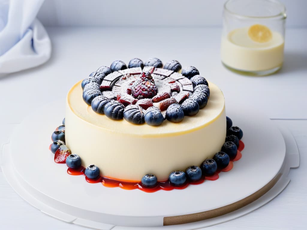  A minimalistic yet highly detailed image showcasing a closeup of a perfectly baked agar agarinfused vegan cheesecake, with a smooth and creamy texture topped with vibrant fresh berries and a drizzle of glossy fruit compote, all elegantly presented on a sleek white plate against a softfocus background of a modern kitchen setting. hyperrealistic, full body, detailed clothing, highly detailed, cinematic lighting, stunningly beautiful, intricate, sharp focus, f/1. 8, 85mm, (centered image composition), (professionally color graded), ((bright soft diffused light)), volumetric fog, trending on instagram, trending on tumblr, HDR 4K, 8K