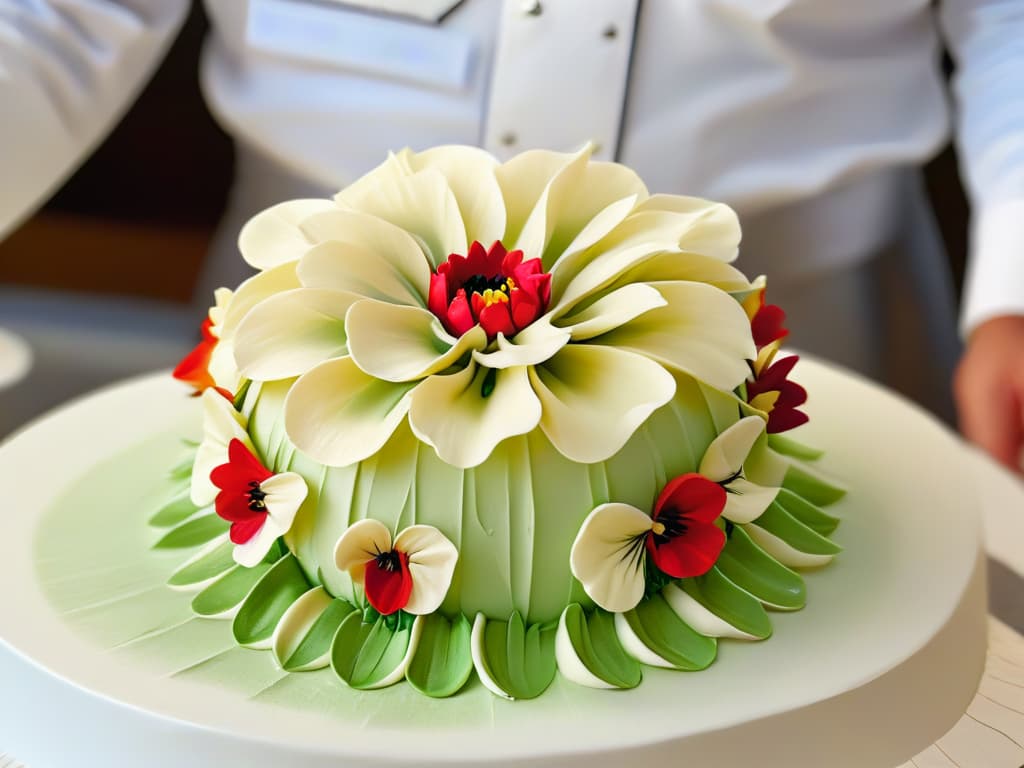  A closeup, minimalist image of a delicate, intricate sugar flower being meticulously crafted by a pastry chef's hands. The focus is on the chef's hands skillfully sculpting the petals with precision, capturing the artistry and attention to detail required in pastry certification. The background is soft and blurred, emphasizing the elegance and professionalism of the culinary craft. hyperrealistic, full body, detailed clothing, highly detailed, cinematic lighting, stunningly beautiful, intricate, sharp focus, f/1. 8, 85mm, (centered image composition), (professionally color graded), ((bright soft diffused light)), volumetric fog, trending on instagram, trending on tumblr, HDR 4K, 8K