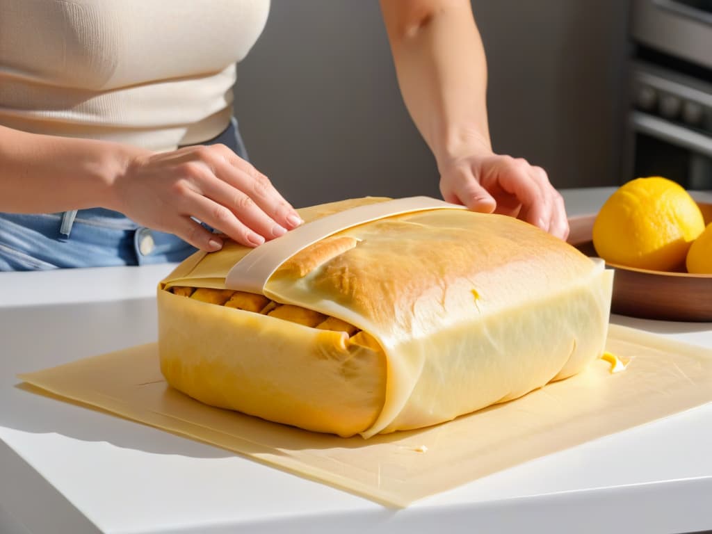  A closeup, ultradetailed image of a pair of hands carefully wrapping a freshly baked loaf of bread in a reusable beeswax wrap, showcasing the art of ecofriendly food storage in a modern kitchen setting. The hands appear elegant and skilled, with a backdrop of sleek, minimalist kitchen countertops and a hint of greenery in the background, emphasizing the concept of sustainable baking practices. hyperrealistic, full body, detailed clothing, highly detailed, cinematic lighting, stunningly beautiful, intricate, sharp focus, f/1. 8, 85mm, (centered image composition), (professionally color graded), ((bright soft diffused light)), volumetric fog, trending on instagram, trending on tumblr, HDR 4K, 8K