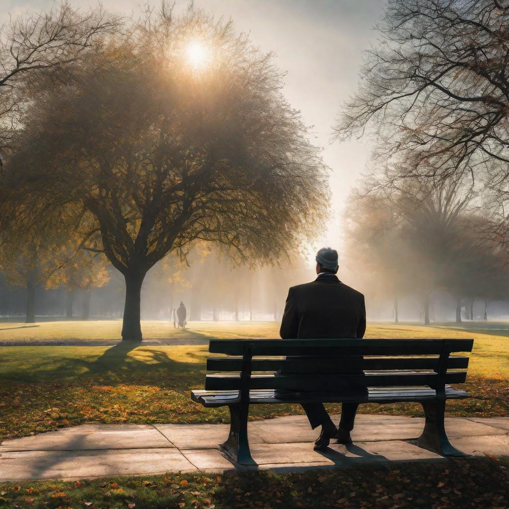  Create a high quality hyperrealistic image that visually represents the theme 'Loneliness is not the absence of people, but the absence of someone who truly understands you.' The image should depict a solitary figure sitting on a park bench, surrounded by people who are walking by, but not interacting with them. The expression on the person's face should reflect deep loneliness and a sense of longing. The background should include a serene park setting with trees and a pathway. The image should be of hyperrealistic style and high quality. hyperrealistic, full body, detailed clothing, highly detailed, cinematic lighting, stunningly beautiful, intricate, sharp focus, f/1. 8, 85mm, (centered image composition), (professionally color graded), ((bright soft diffused light)), volumetric fog, trending on instagram, trending on tumblr, HDR 4K, 8K