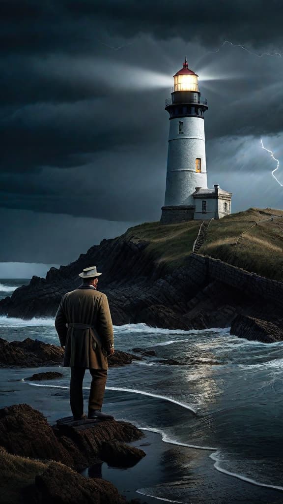  (A stormy night at a coastal lighthouse, with the lighthouse keeper, Mr. Hawthorn, noticing a peculiar pattern in the light's reflection and venturing out into the storm to investigate, leading him to a washed up chest embossed with ancient ruins) hyperrealistic, full body, detailed clothing, highly detailed, cinematic lighting, stunningly beautiful, intricate, sharp focus, f/1. 8, 85mm, (centered image composition), (professionally color graded), ((bright soft diffused light)), volumetric fog, trending on instagram, trending on tumblr, HDR 4K, 8K