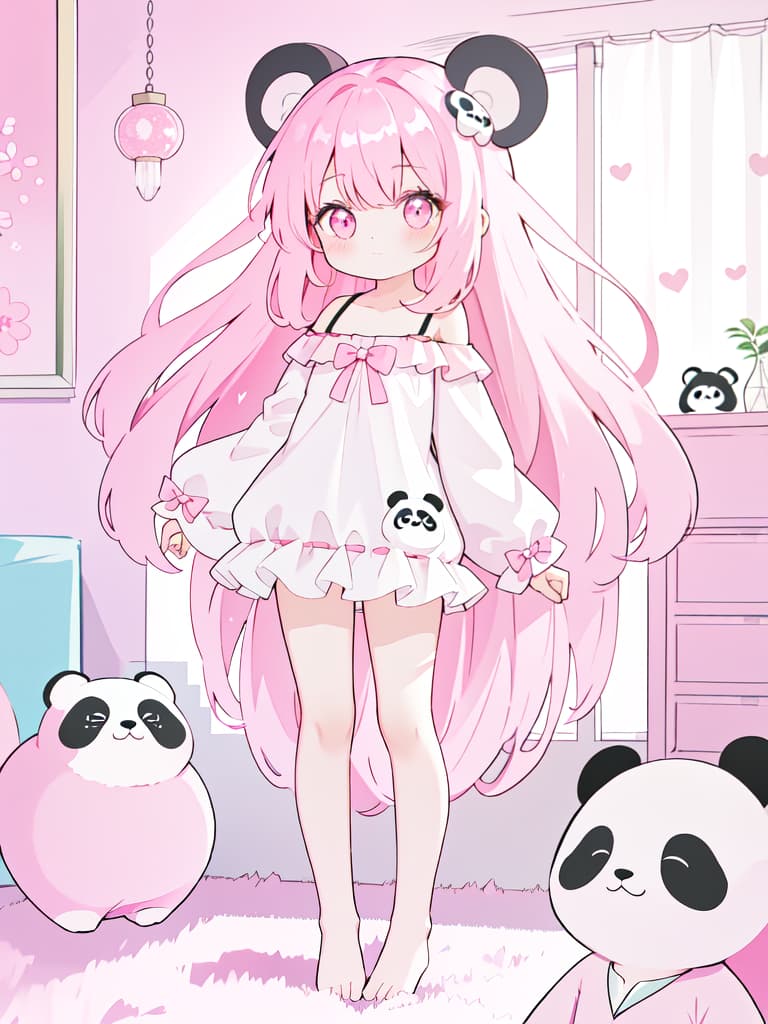  Girl, Pink Long Hair,, Perfect Arms, Perfect Legs, In The Room, Perfect Panda Eye Mask, Cute Pajamas, Not Off Shoulder, masterpiece, best quality,8k,ultra detailed,high resolution,an extremely delicate and beautiful,hyper detail