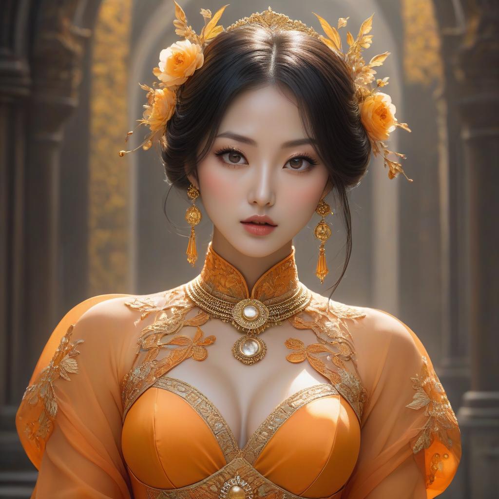  surrealist art A cartoon in an orange costume with gold jewelry, in the style of miho hirano, light yellow and dark brown, close up, traditional costumes, like simplicity, comic art, tondo . dreamlike, mysterious, , symbolic, intricate, detailed hyperrealistic, full body, detailed clothing, highly detailed, cinematic lighting, stunningly beautiful, intricate, sharp focus, f/1. 8, 85mm, (centered image composition), (professionally color graded), ((bright soft diffused light)), volumetric fog, trending on instagram, trending on tumblr, HDR 4K, 8K