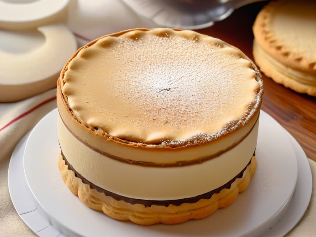  An ultradetailed closeup image of a freshly baked alfajor, showcasing the delicate layers of buttery shortbread cookies and rich dulce de leche filling, topped with a light dusting of powdered sugar. The intricate crimped edges of the cookie are perfectly golden brown, inviting viewers to imagine the sweet and indulgent flavors of this traditional Argentine treat. hyperrealistic, full body, detailed clothing, highly detailed, cinematic lighting, stunningly beautiful, intricate, sharp focus, f/1. 8, 85mm, (centered image composition), (professionally color graded), ((bright soft diffused light)), volumetric fog, trending on instagram, trending on tumblr, HDR 4K, 8K